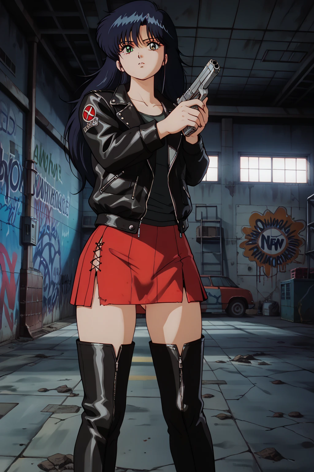 (Focus on her face), masterpiece, highest quality, ultra high quality cg, best quality, High resolution, Full Body View, amber eyes, red leather jacket, red crop top, beautiful Belly button, red latex  short skirt, The heroine in white leather boots, long hair, beautiful Legs, Perfect Skin, Perfect Arms, drop of sweat, torn clothes, head to toe, stand, perfect Finger