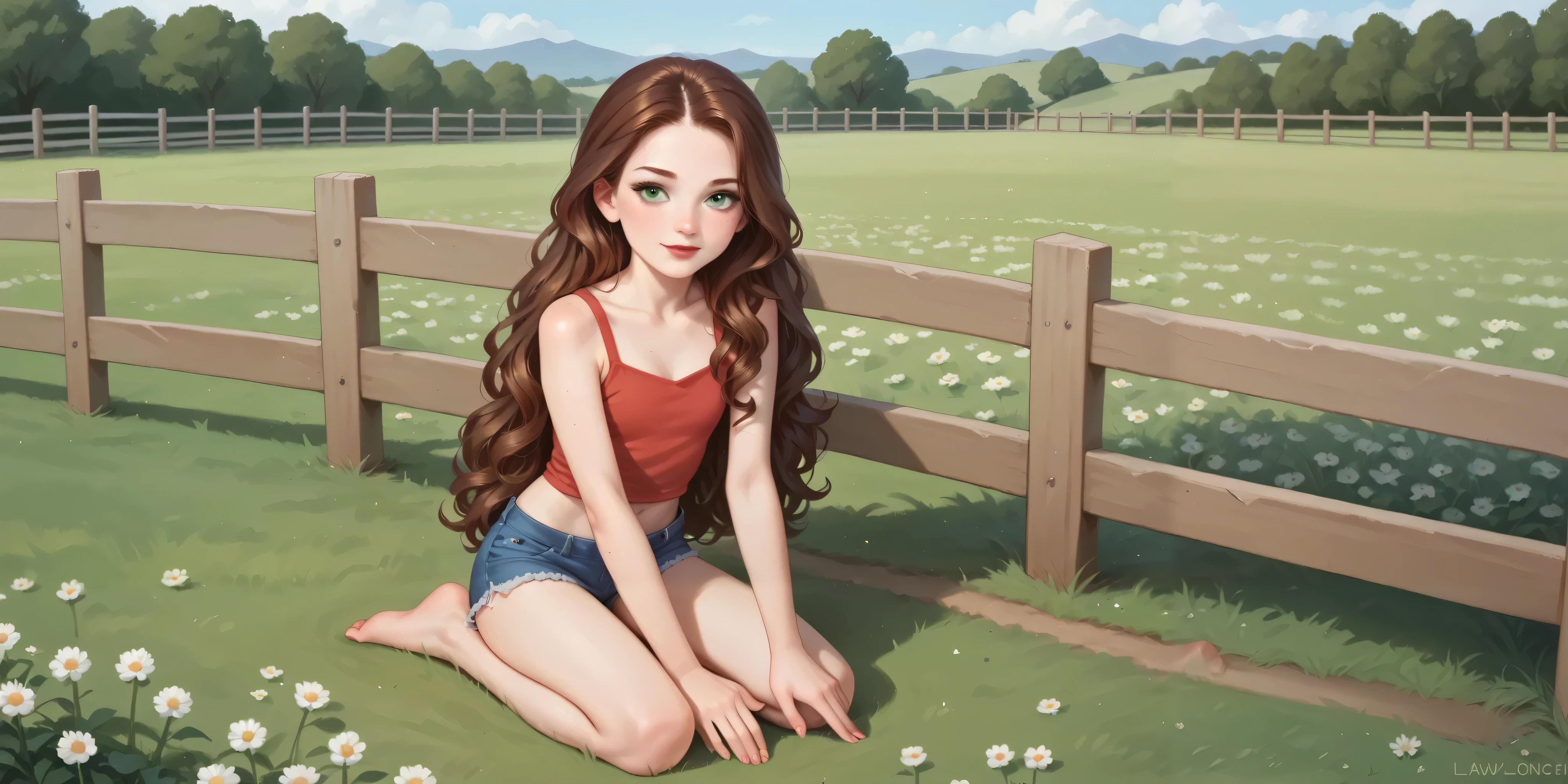 a  girl kneeling on a lawn, small breasted, brown hair, curly hair, very long hair, freckles, detailed ribs and small bare feet, red lips, eyeliner, perfect nails, perfect feet, green eyes, smile, mini shorts jeans, red tank top, Lawn with fence, pasture, cows