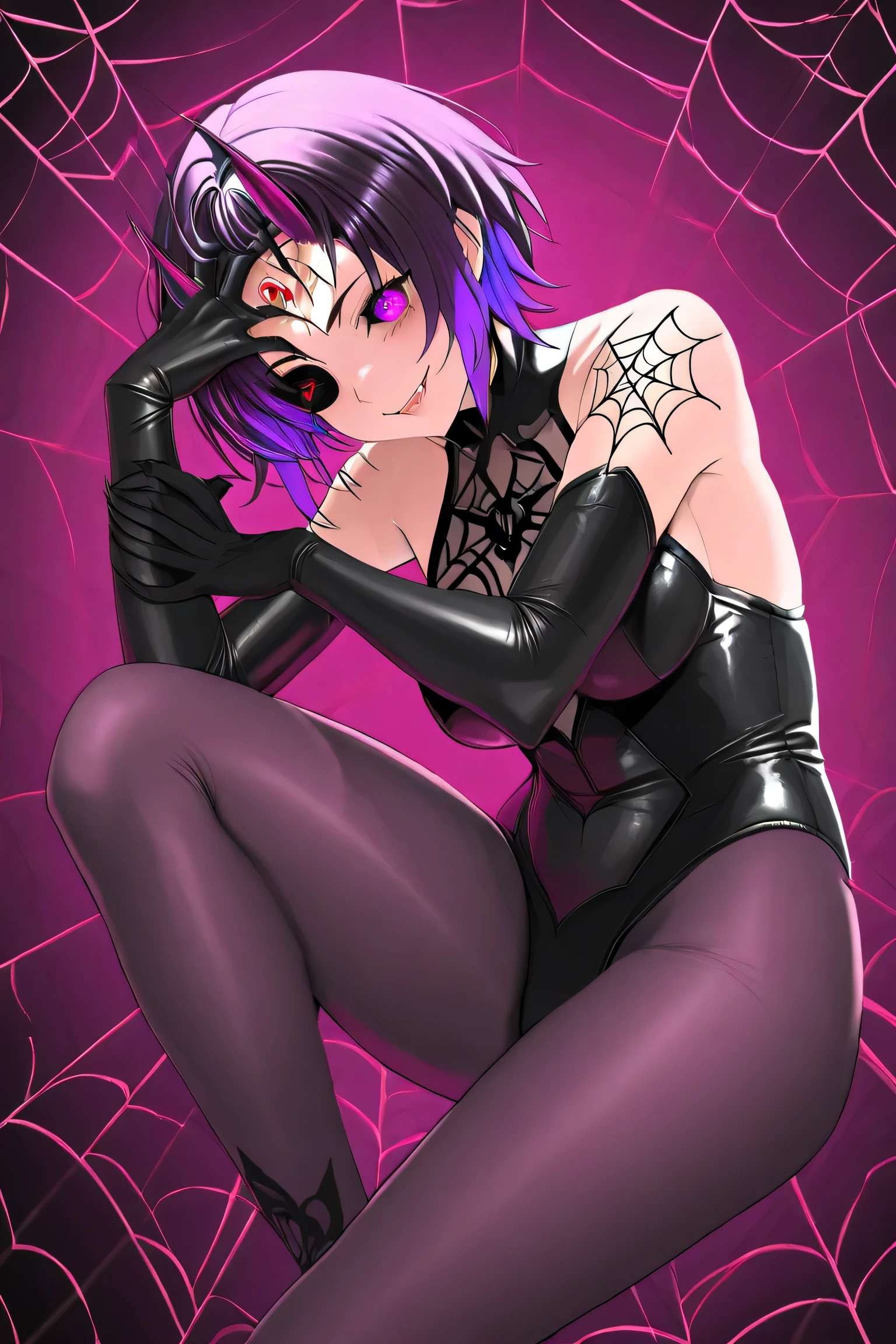 (Girl fused with a spider). Succubus-style. Leg of an insect. spider motif. spider web pattern. Black and purple hair. Two-tone hair. Shoulder. Short hair. High legs. Body tights. Sharp claws. Spider eyes on the forehead. Spider web tattoo around the eye. Black paint hands. Yandere Smile.
