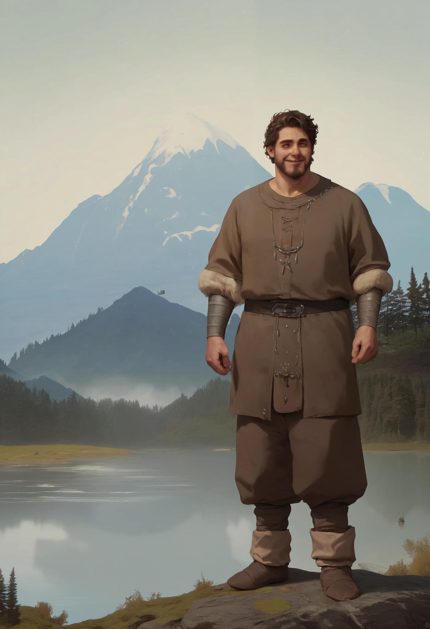 a man with brown hair , aged 40, ((viking beard ), ((( portrait of upper body , Happy)), naturey, Lake on the mountain , ((( Cloudy weather )), ((Late afternoon)), ((Outfit in black ), Pines at the foot of the mountain, Cold clothing , Realistic lighting, フォトリアリスティック阴影, hyper realisitc, フォトリアリスティック, 8 thousand, Full-HD