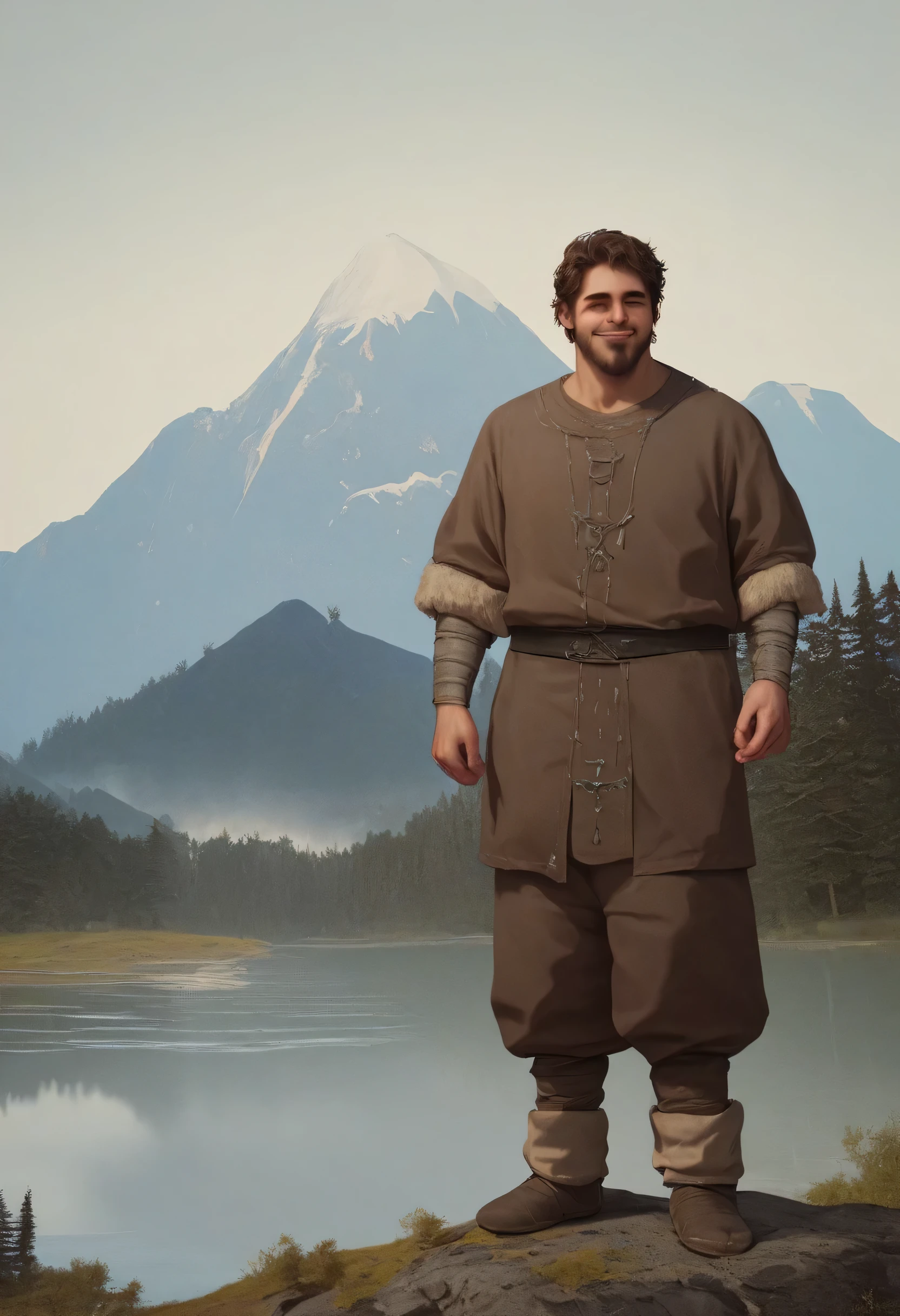  a man with brown hair , aged 40, ((viking beard ), ((( portrait of upper body , Happy)), naturey,  Lake on the mountain , ((( Cloudy weather )), ((Late afternoon)), ((Outfit in black ),  Pine trees at the foot of the mountain,  Cold clothing , Realistic lighting, Photorealistic阴影, hyperrealistic, Photorealistic, 8 thousand, Full-HD