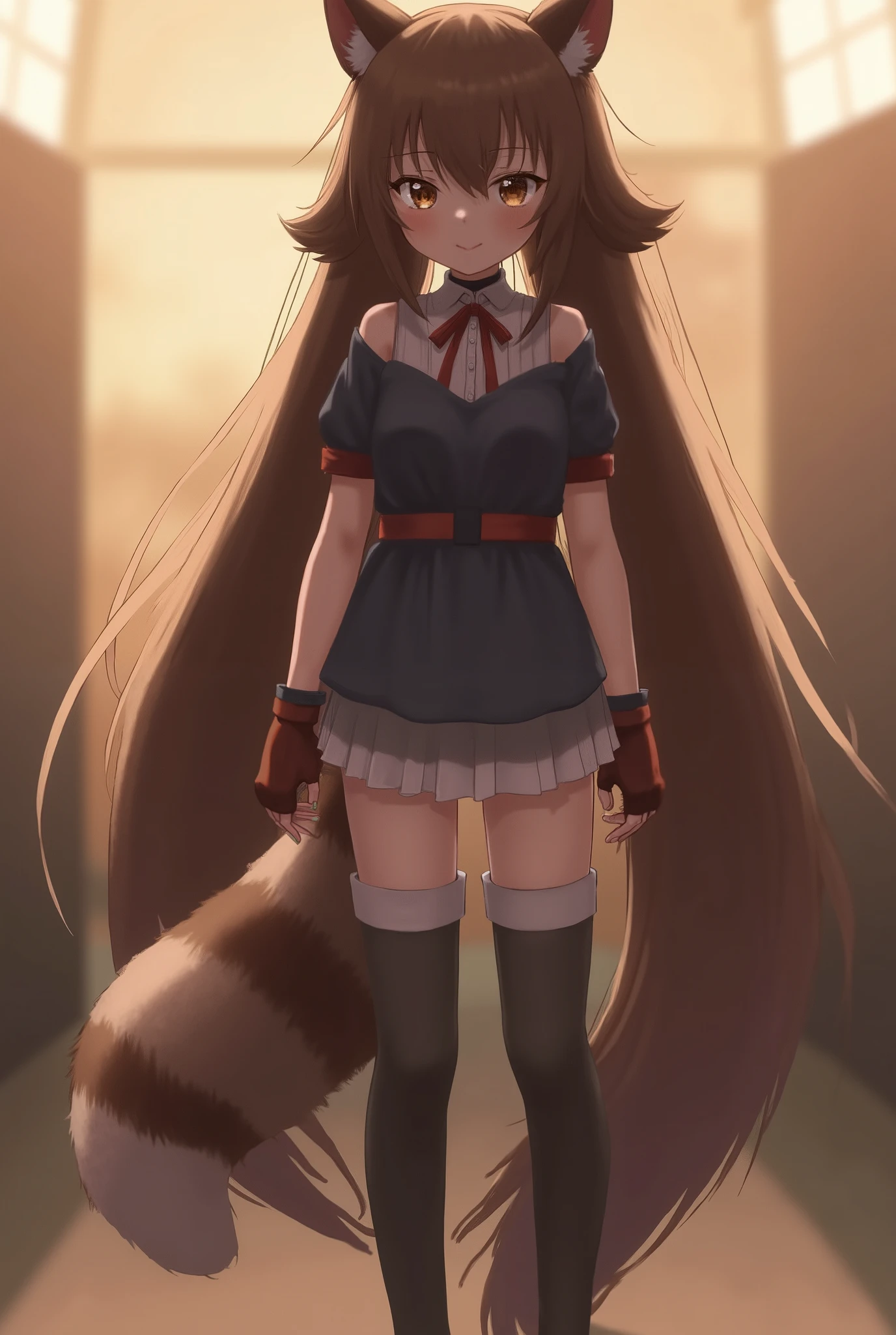 Ralph, raccoon ears, Raccoon girl, animal ears, long hair, brown hair , raccoon coda, coda, mitts, brown mitts, obi strip, tigh-high boots, over knee socks, Absolute opportunity, Red ribbons, Masterpiece , Best Quality, Solitary, lighting, watch the audience, full bodyesbian