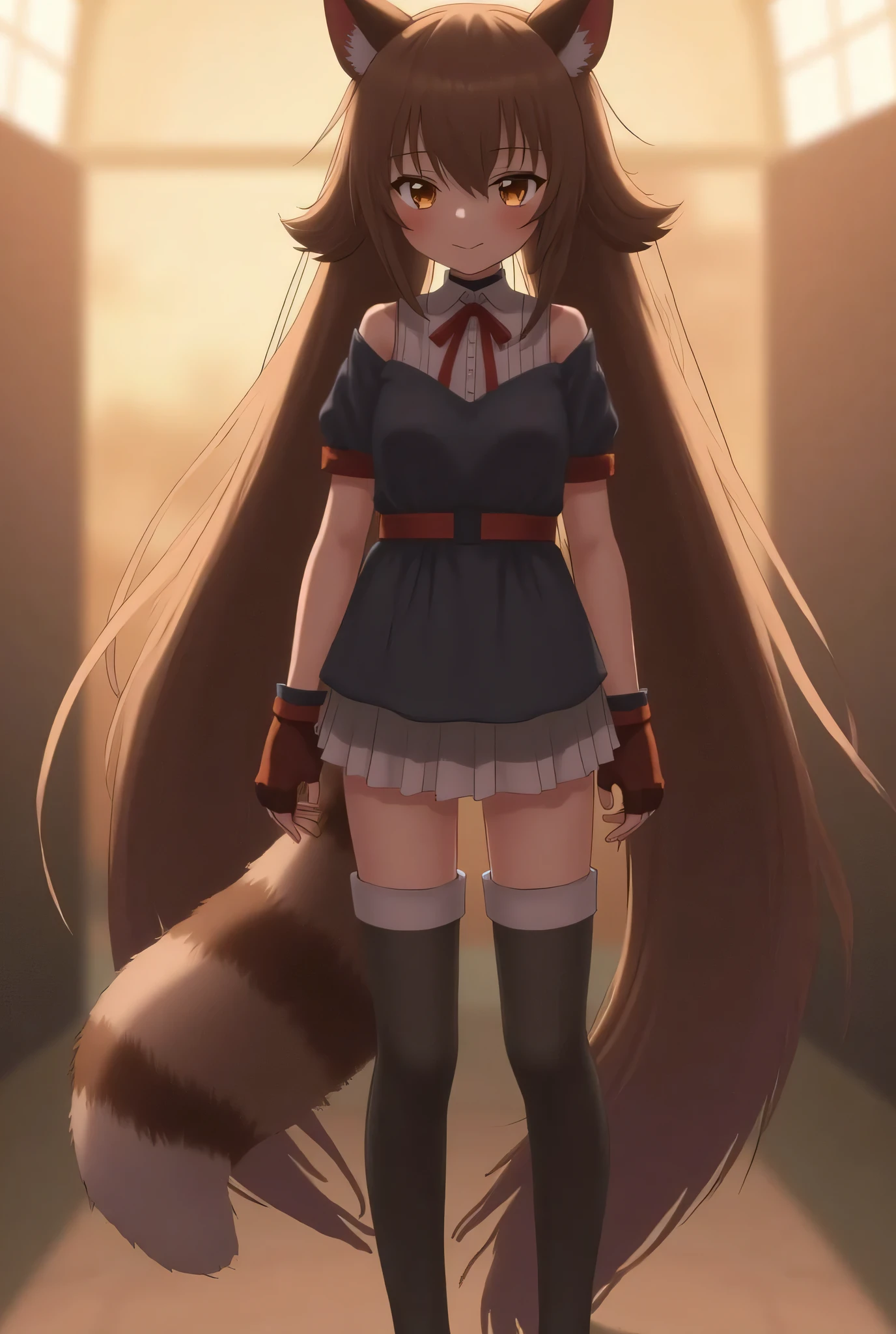 Ralph, raccoon ears, Raccoon girl, animal ears, long hair, brown hair , raccoon coda, coda, mitts, brown mitts, obi strip, tigh-high boots, over knee socks, Absolute opportunity, Red ribbons, Masterpiece , Best Quality, Solitary, lighting, watch the audience, full bodyesbian