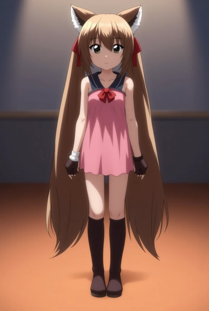 Ralph, raccoon ears, Raccoon girl, animal ears, long hair, brown hair , raccoon coda, coda, mitts, brown mitts, obi strip, tigh-high boots, over knee socks, Absolute opportunity, Red ribbons, Masterpiece , Best Quality, Solitary, lighting, watch the audience, full bodyesbian