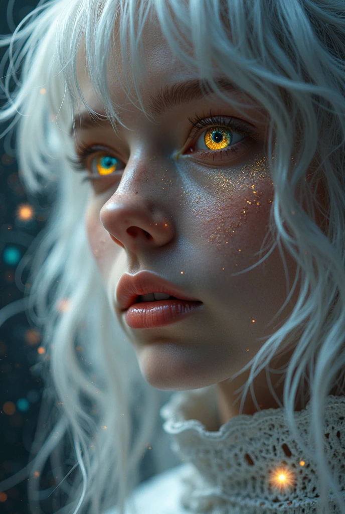 (Close-up of a masterpiece:1.5)0.9]，(Space and astronauts:1.2) (Messy silver hair:1.1) (Heterochromia yellow blue eyes:1.2) (Casque spatial:1.0) (Colorful stars in the eyes:1.0) (Dazzling light:1.1) (Thick lip:0.9)