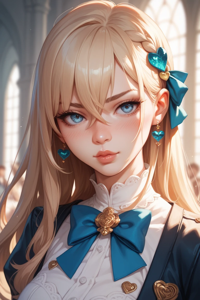 1 woman , solo person, high-resolution, long hair, boobgasm, looking at the audience, blushing, Bangs between the eyes, Bow hair ornament, Seven-doppelganger shot, Lips slightly open,