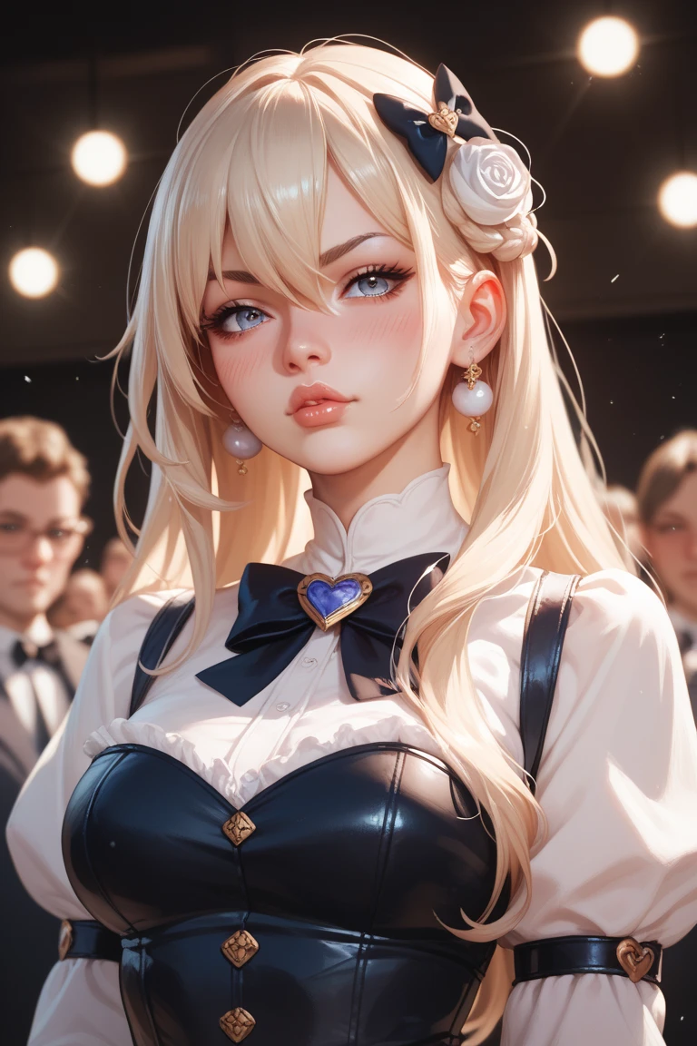 1 woman , solo person, high-resolution, long hair, boobgasm, looking at the audience, blushing, Bangs between the eyes, Bow hair ornament, Seven-doppelganger shot, Lips slightly open,