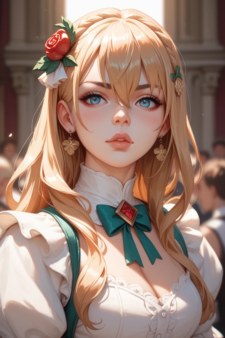 1 woman , solo person, high-resolution, long hair, boobgasm, looking at the audience, blushing, Bangs between the eyes, Bow hair ornament, Seven-doppelganger shot, Lips slightly open, tit