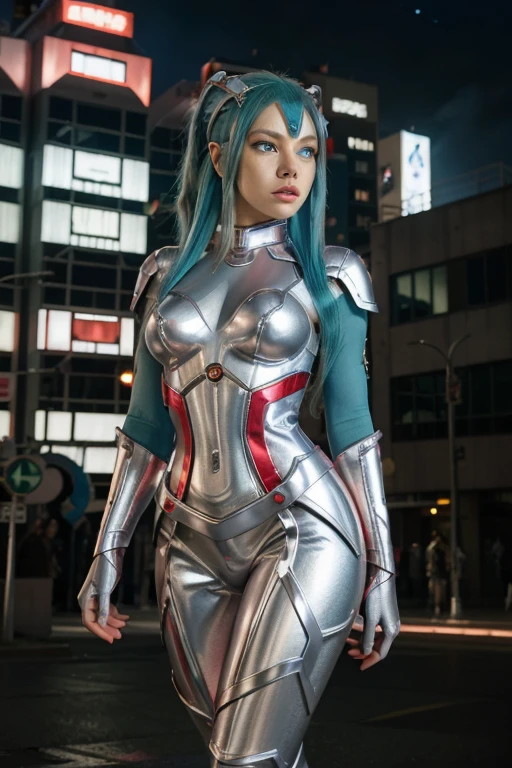 full body image, Permanent, Princess Zelda Giant, (red and silver costume:1.5), as s Ultraman, Huge breasts 1, very tight onesie, with heavy makeup on her face, a light blue jewel on her breastplate, helmet on her head, red lipstick on her mouth, (She has green eyes:1.5, blue hair :1.5), Look at the audience from the front, she is in a futuristic city,There are a few monsters attacking buildings, Tokusho, s Ultraman, anime style, lighting, 16K, Ultra HD, Masterpiece , Best Quality, High detail