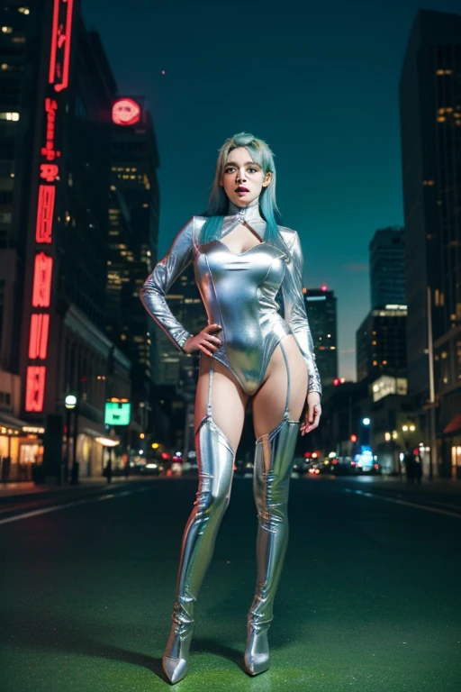 full body image, Permanent, Princess Zelda Giant, (red and silver costume:1.5), as s Ultraman, Huge breasts 1, very tight onesie, with heavy makeup on her face, a light blue jewel on her breastplate, helmet on her head, red lipstick on her mouth, (She has green eyes:1.5, blue hair :1.5), Look at the audience from the front, she is in a futuristic city,There are a few monsters attacking buildings, Tokusho, s Ultraman, anime style, lighting, 16K, Ultra HD, Masterpiece , Best Quality, High detail