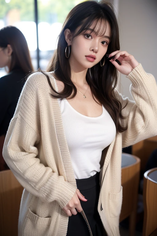distinctive,, , 1girl, Ahog, By bangs, black  skirt, black Sweaters, blue nails, bblurry, bblurry background, nedium breasts,  brown eyes,  brown hair , brown jaket,  Keep one's mouth shut , outdated, daysies, Depth of field , 耳Nipple Ring, eyeslashes, raised his hand, head tilted, jaket, jewelry ,  long hair,  longer sleeves , watch the audience, medium nedium breasts, nail polish, Cardigan, open jaket, exteriors, pursed lips, shirt tucked in, side locks,  skirt,  hair adornments {x} sleeves passed over wrists, alone, Sweaters, upper body, zippers, , , ((Masterpiece )), , 