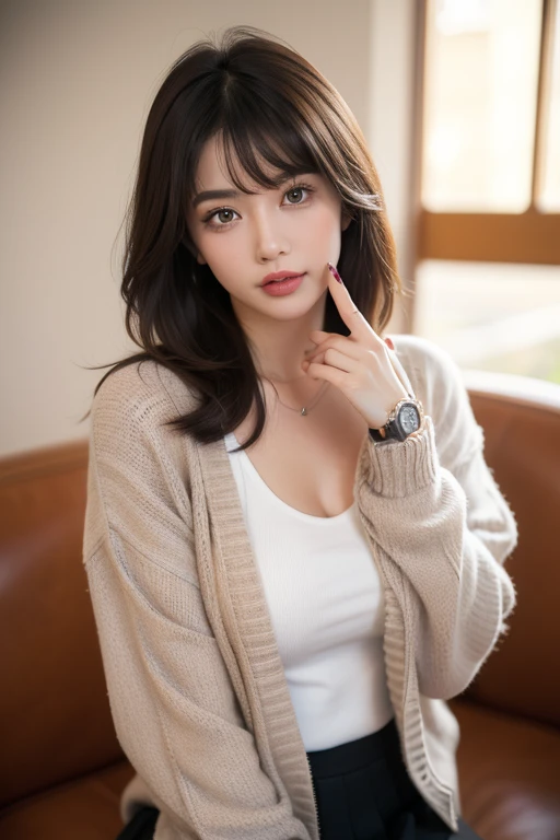 distinctive,, , 1girl, Ahog, By bangs, black skirt, black Sweaters, blue nails, bblurry, bblurry background, nedium breasts, brown eyes, brown hair , brown jaket, Keep one's mouth shut , outdated, daysies, Depth of field , 耳Nipple Ring, eyeslashes, raised his hand, head tilted, jaket, jewelry , long hair, longer sleeves , watch the audience, medium nedium breasts, nail polish, Cardigan, open jaket, exteriors, pursed lips, shirt tucked in, side locks, skirt, hair adornments {x} sleeves passed over wrists, alone, Sweaters, upper body, zippers, , , ((Masterpiece )), ,