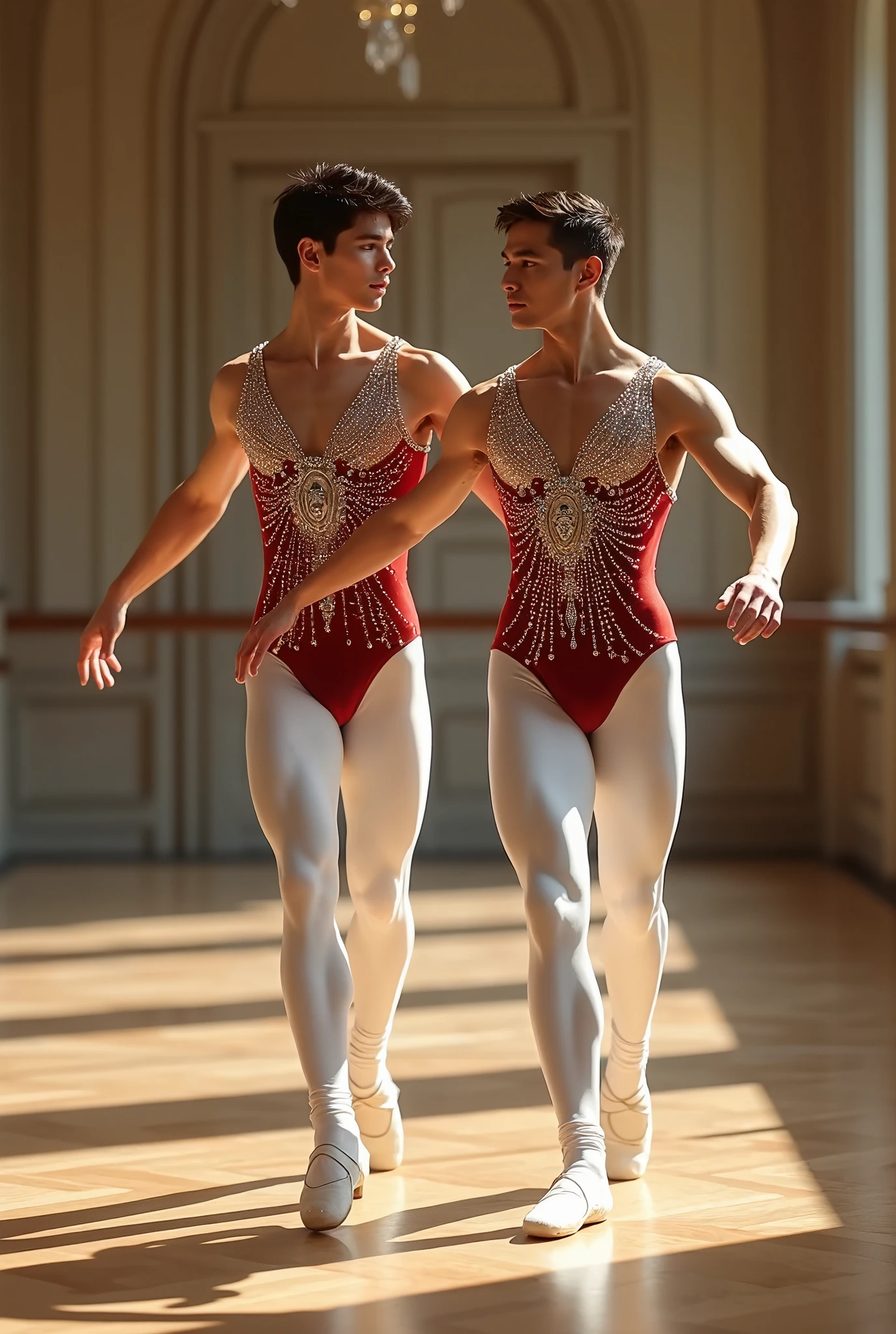 (((empty background))), 2 male ballet dancers, nutcracker ballet, prince kills rat king, beautiful eyes, male ballet tights, male crotch bulge, buttocks