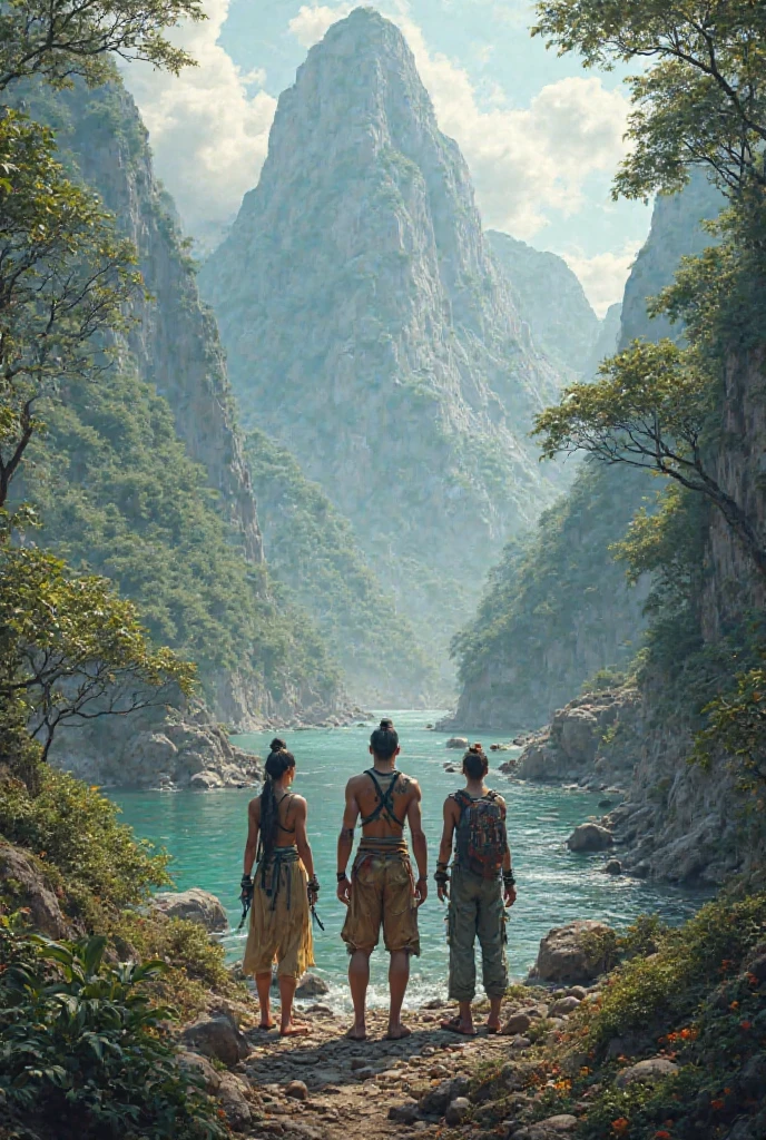 In a serene, mystical village of Shambhala, nestled in the mountains, Kalki is shown as a young, strong figure. The village has an ancient, sacred ambiance with lush greenery and stone temples. Kalki, with a determined expression, trains under the guidance of Parashurama. Parashurama, a sage with a fierce demeanor, is seen teaching Kalki the art of warfare with traditional weapons. The background reflects an era where morality is at its decline, with hints of unrest in the atmosphere.