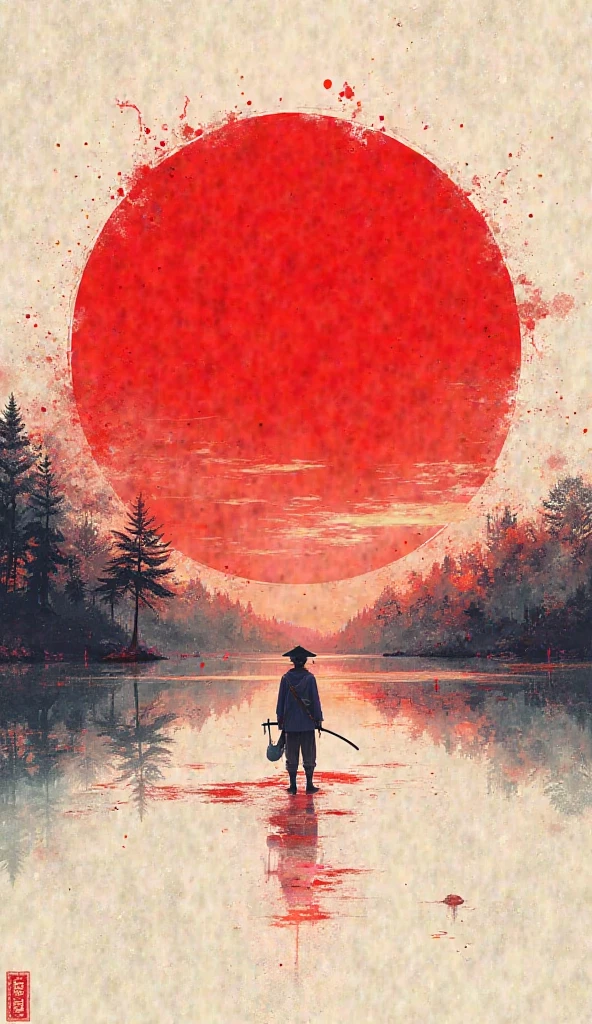 中国Ink Painting, Gray and White, Minimum,White background,The Trail, Minimalism, Huge negative space, Ink Painting, Abstract,Blood-stained sunset,solitary Man