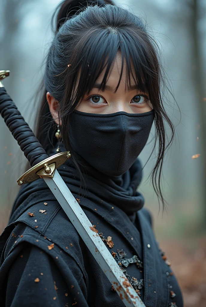 superhero, modern super hero costume, ninja, ninja costume, ninja mask on the face, With a Chinese sword, Jin sword,with a Chinese sword, Beautiful Chinese woman, 20 years old, with blue eyes, Chinese woman with bangs, courageous character, Kind, Brave, determination, on the battlefield, atmospheric perspective, Motion blur, 8k, super detailing, Best quality, uhd, high detail