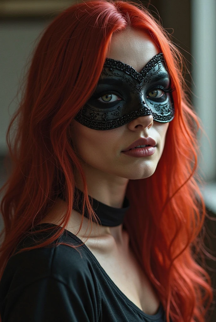 a close up of a woman wearing a mask, dreamy woman, matsumoto rangiku, half body photo, mistress, photoshop render, ebony rococo, elegant girl, female spy, haunting beautiful young woman, detailed face, plump lips, teal button shirt, jeans pants, light orange hair, , beauty girl, very femenine, deep green eyes, dark haze atmoosphere, ambient dust