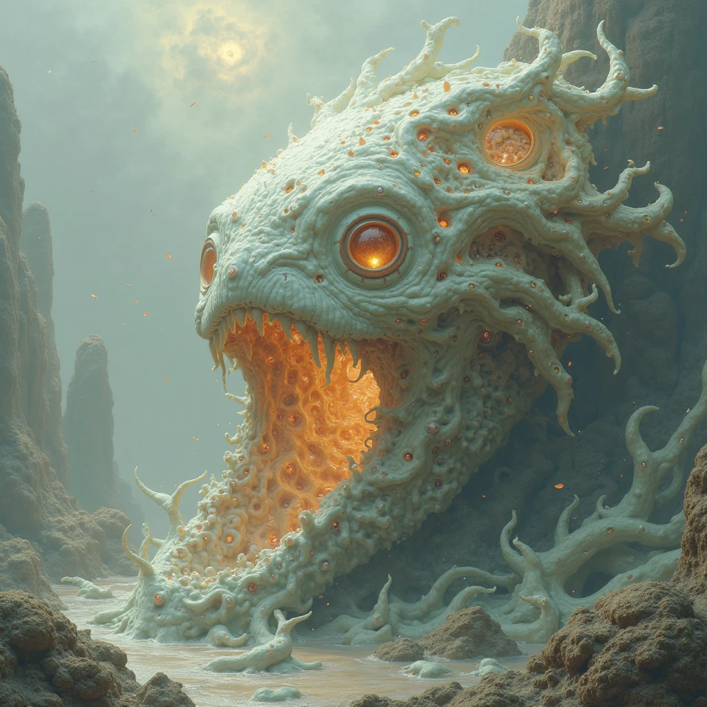 painting of a man with a flashlight looking at a strange creature, dan mumford tom bagshaw, by tomasz alen kopera, cosmic horror creature, peter gric and dan mumford, beksinski and dan mumford, greg beeple, dan mumford and alex grey style, painting by dan mumford, ( ( ( ( ( dan mumford ) ) ) ) )