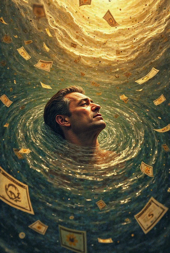 a king covers himself with four giant gold coins, covers his feet, body and head with the coins (art inspired by Dave Mckean, intricate details, oil painting) (Dave Mckean inspired art, intricate details, oil painting)