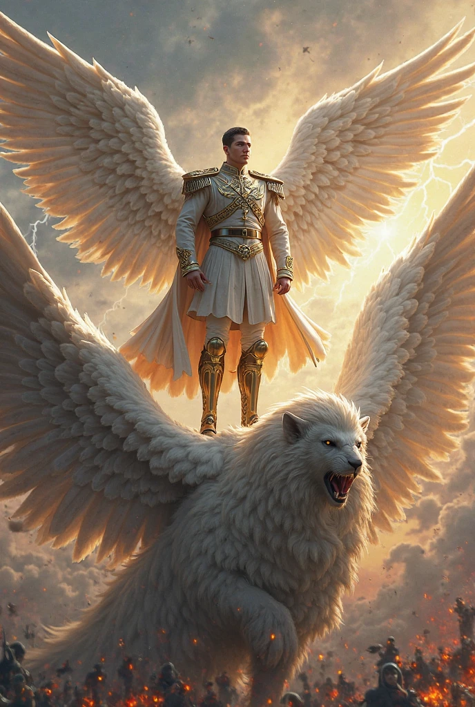 Generate a Super Ultra Realistic 8k image of a beautiful strong white lion with blue eyes, and by your side j. Angel of God with his light and his drawn sword