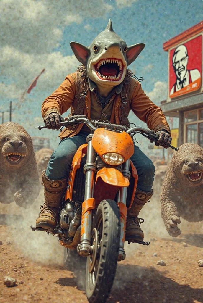 Shark Ridinga Motorcycle Create a cowboy with a shark head a orange shark riding a dirtbike ...