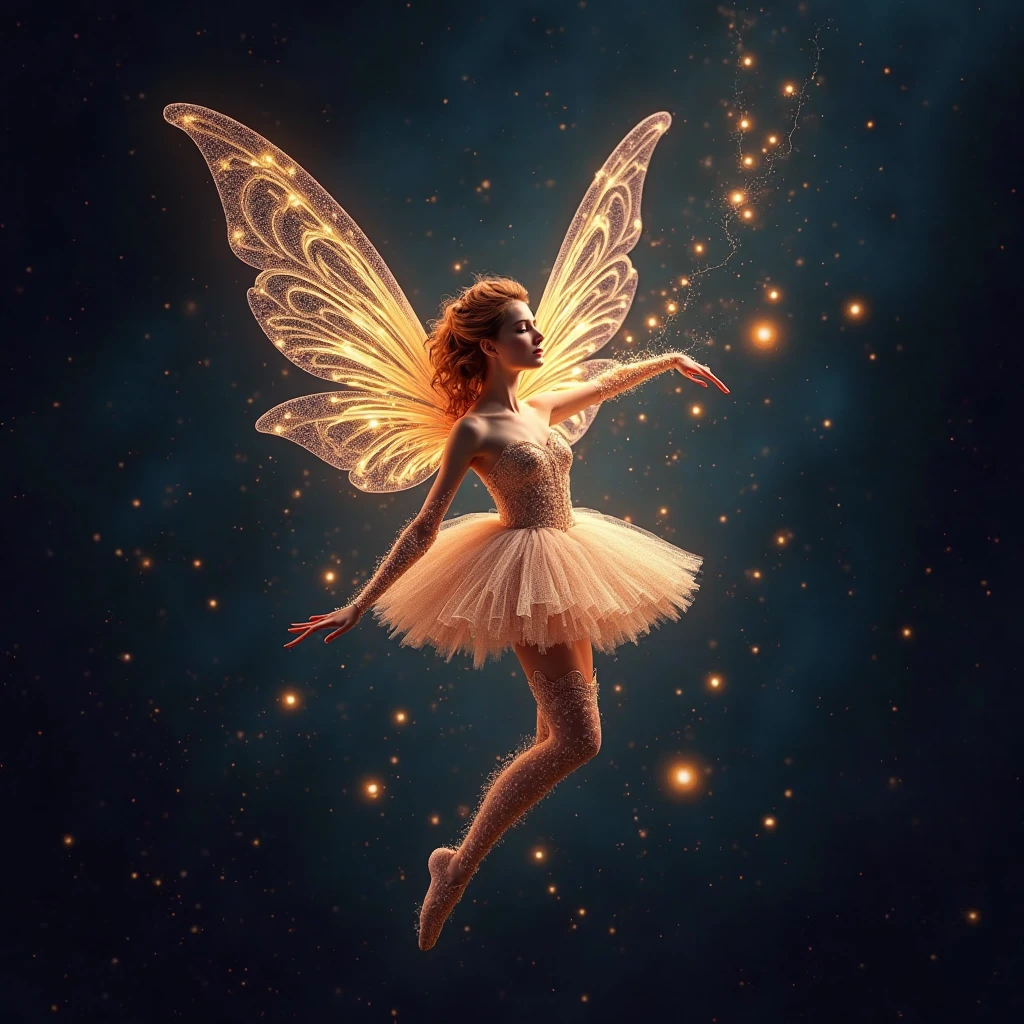 A photograph of an adult fairy with a wand in space 