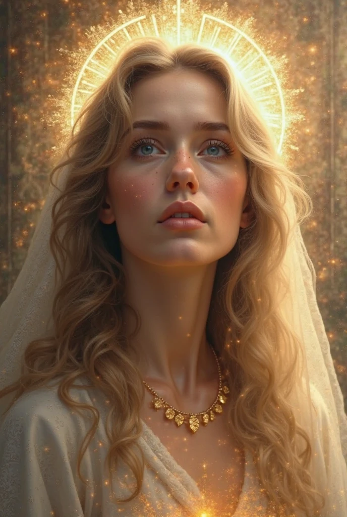 (((Saint Virgin Mary. 19 years olinetic style))) ((( Con una cara seria y piadosa. Con una mirada dulce y tierna))) (obra maestra, calidad superior, mejor calidad, arte oficial, beautiful and aesthetic: 1.2), (1girl), extremadamente detallado, (Arte fractal: 1.3), colorido, highest detailed, Cara perfecta, parte superior del cuerpo, HDR, (orando: 1.3), (golden lines of white coat: 1.2), galaxia, (rayas de luz), eye-catching visuals, (dynamic stripes, senderos luminosos: 1.2), colores vibrantes,