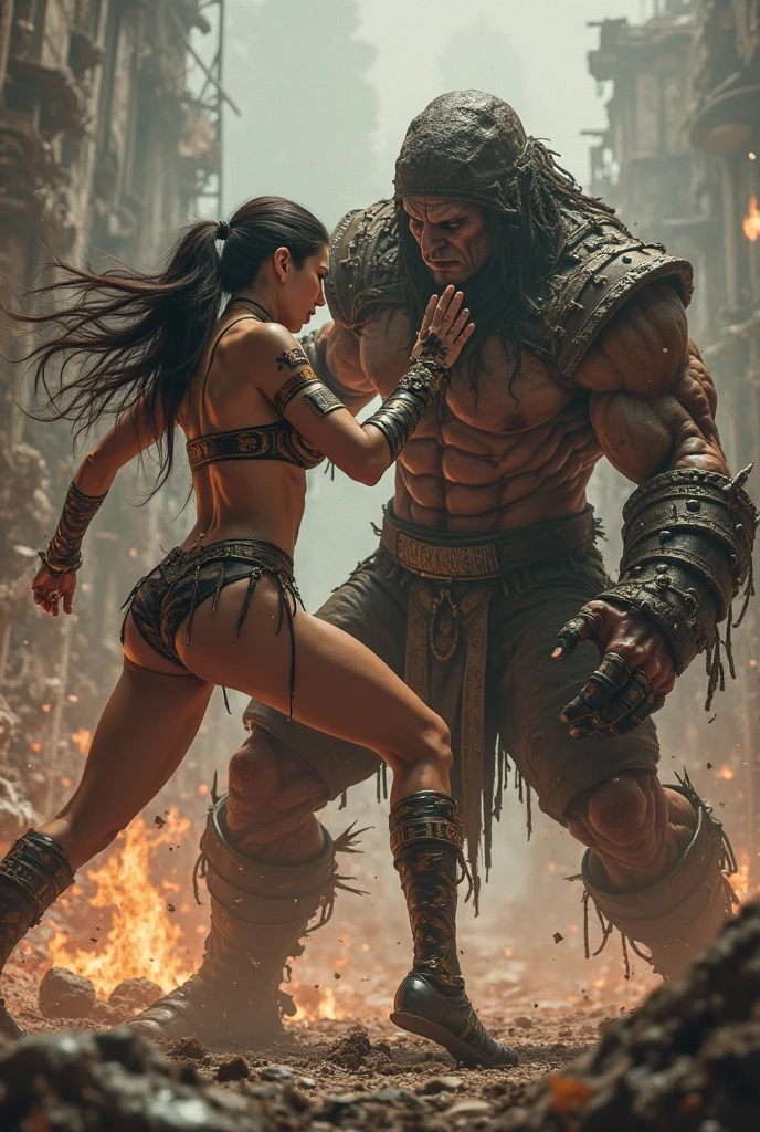 Have Conan standing on a hill with a naked woman on the ground hugging his leg and a bunch of defeated enemies on the ground