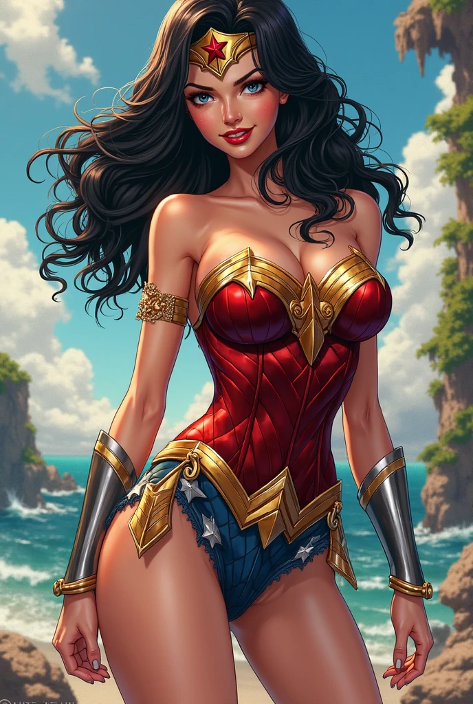 brigitte, muscular full body image Wonder Woman from DC comics, solo, long black hair, looking at viewer, smile, simple background, black hair, paradise island background, blue eyes, upper body, lips, (masterpiece:1.2), (best quality), (ultra detailed), (8k, 4k, intricate),(full-body-shot:1),(highly detailed:1.2),(detailed face:1.2), (detailed background),detailed landscape, (dynamic angle:1.2), (dynamic pose:1.2),