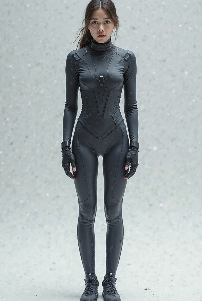 A dark gray women's compression garment without a high collar up to near the jaw and covering the arms, legs and feet with the same fabric and textures as Henry Cavil's Superman suit in Man of Steel 2013 and I want the model to be facing front and back, half profile front and half profile back and side.