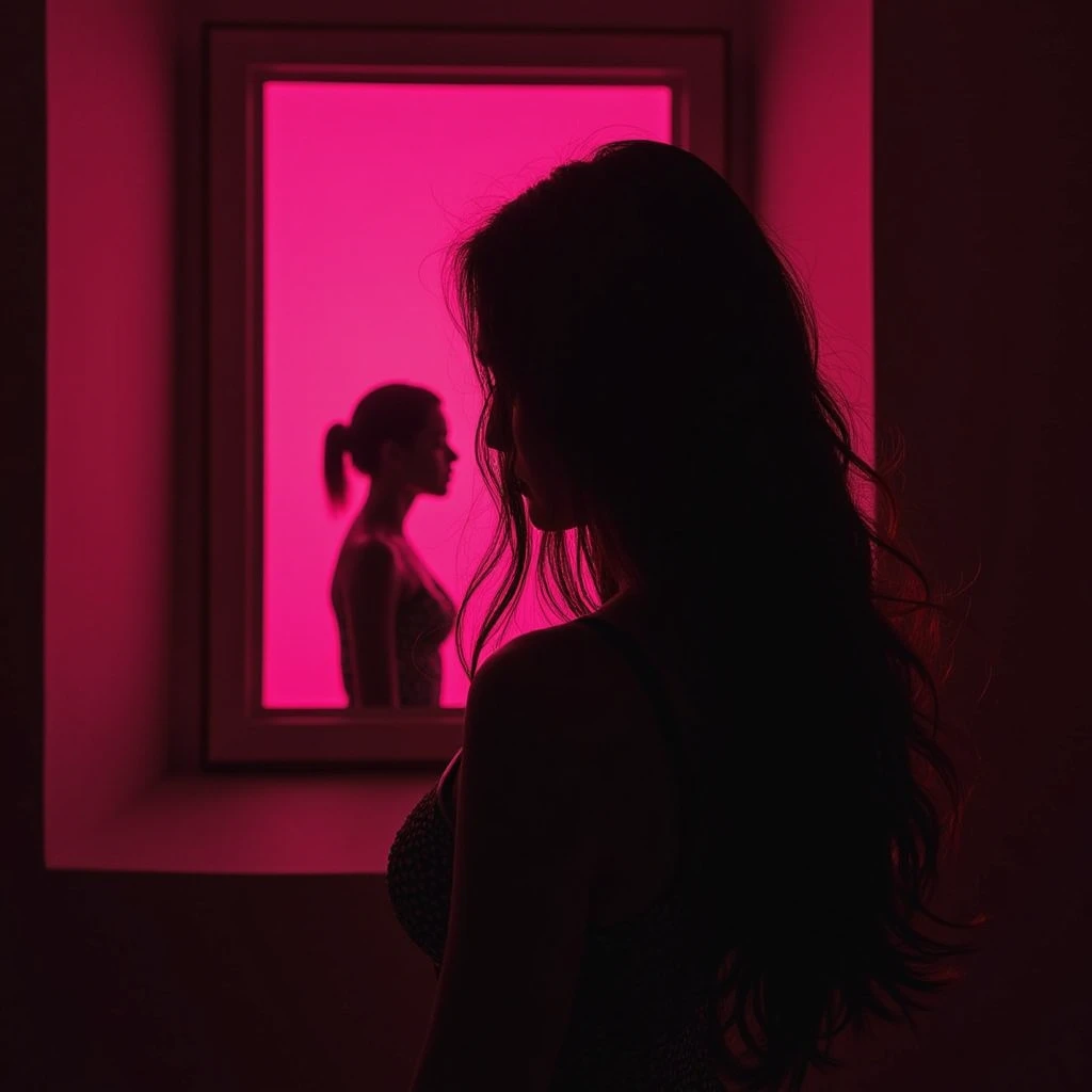 in a dark room,(a naked girl ) illuminated a light that enterrom the windowlack and white photo,(the girl turned her back)(a naked girl