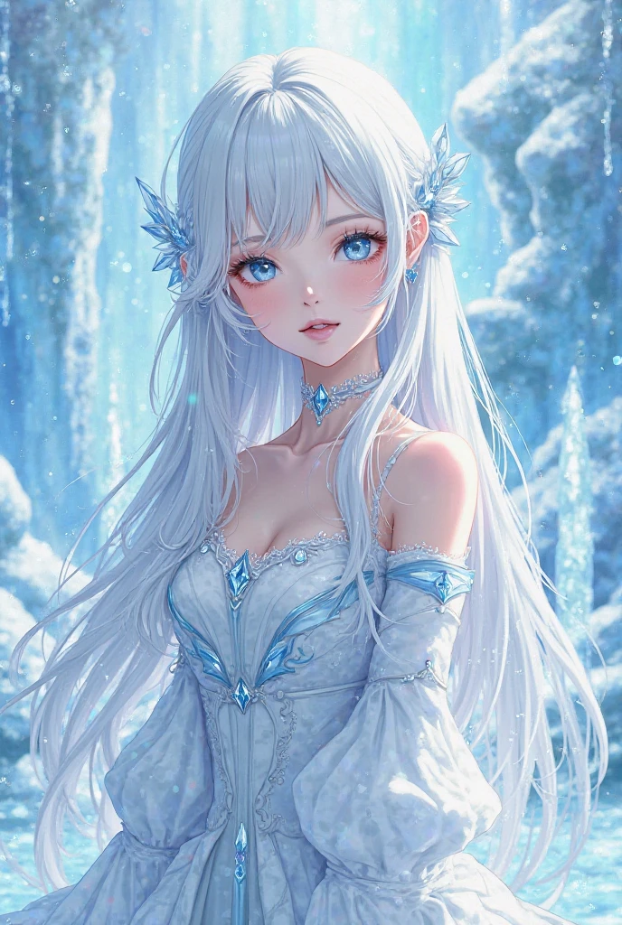 Best quality, cinematic image, Detailе.ed image, fantasy, mythical creature, horns, ice scales, beautiful woman, ice spirit, The Snow Queen, blue skin, Ice Dragon, detailed beautiful голубыe eyes, very long wavy white hair, cold look, White dress, big beautiful breasts, winter forest 