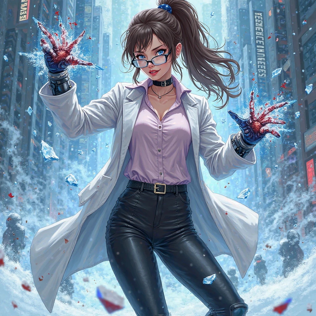 hyper detailed masterpiece, dynamic, awesome quality, a female nerd casting destructive descriptive kanji DonMM4g1cXL magic, Perfect Hands, beautiful face, perfect eyes, dark makeup, glasses, red lips, white shirt,