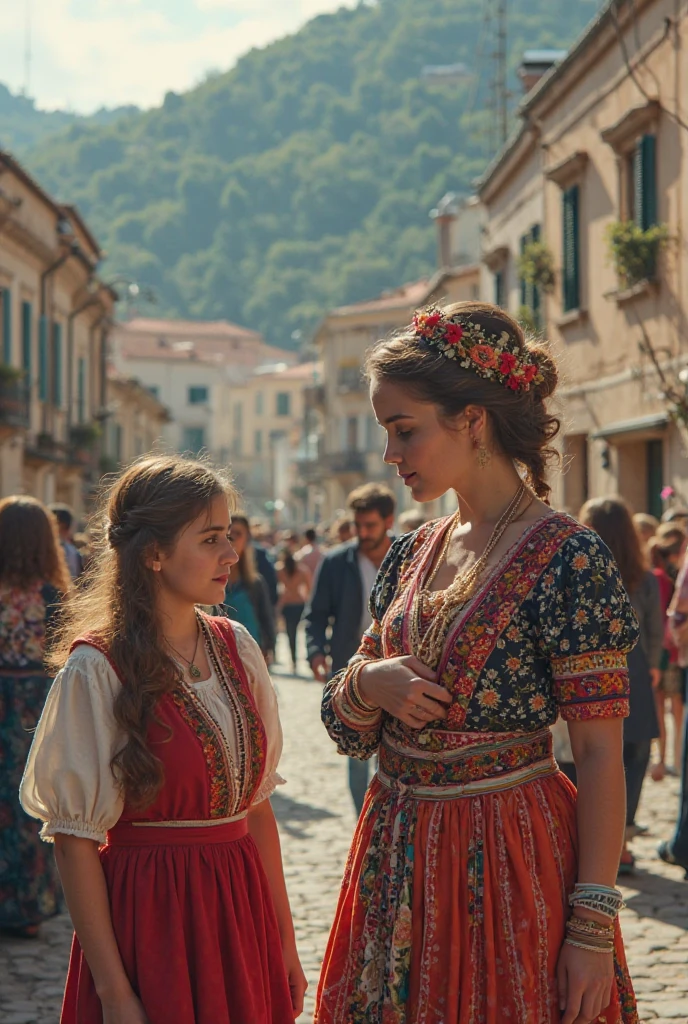 A girl in ancient costume and her mother are having fun in the ancient street