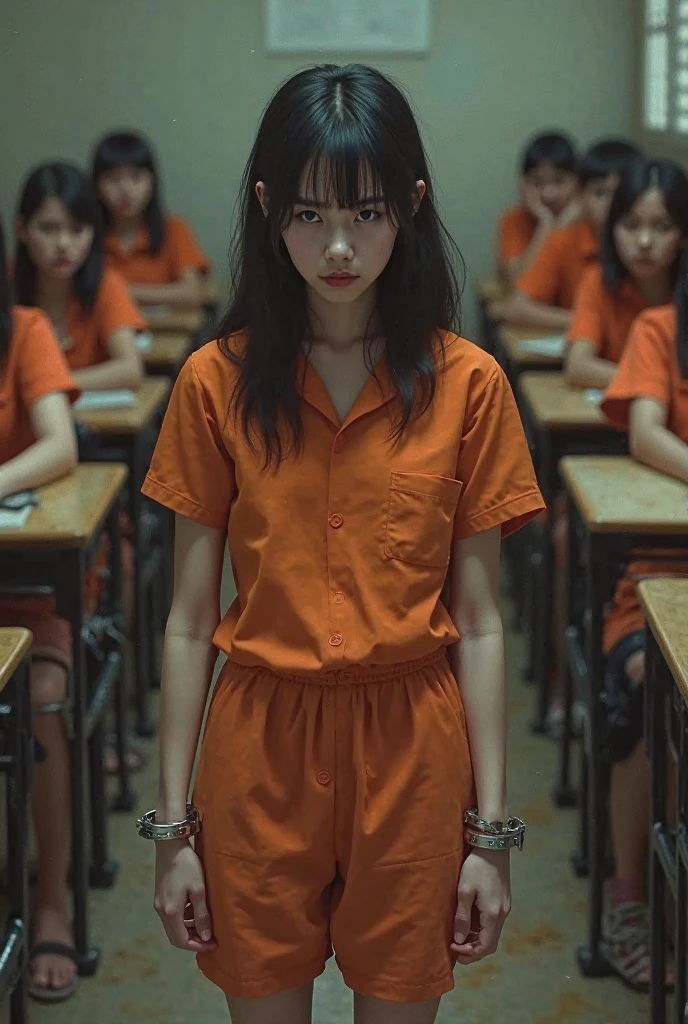 A Captive Girl In Orange Uniform Barefoot Handcuffed In A Classroom 