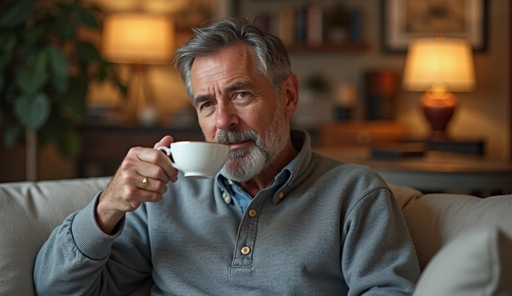 A horizontal size photo
In Which a men sit on the sofa and wearing a red t shirt and have a tea in hand wear a cap
