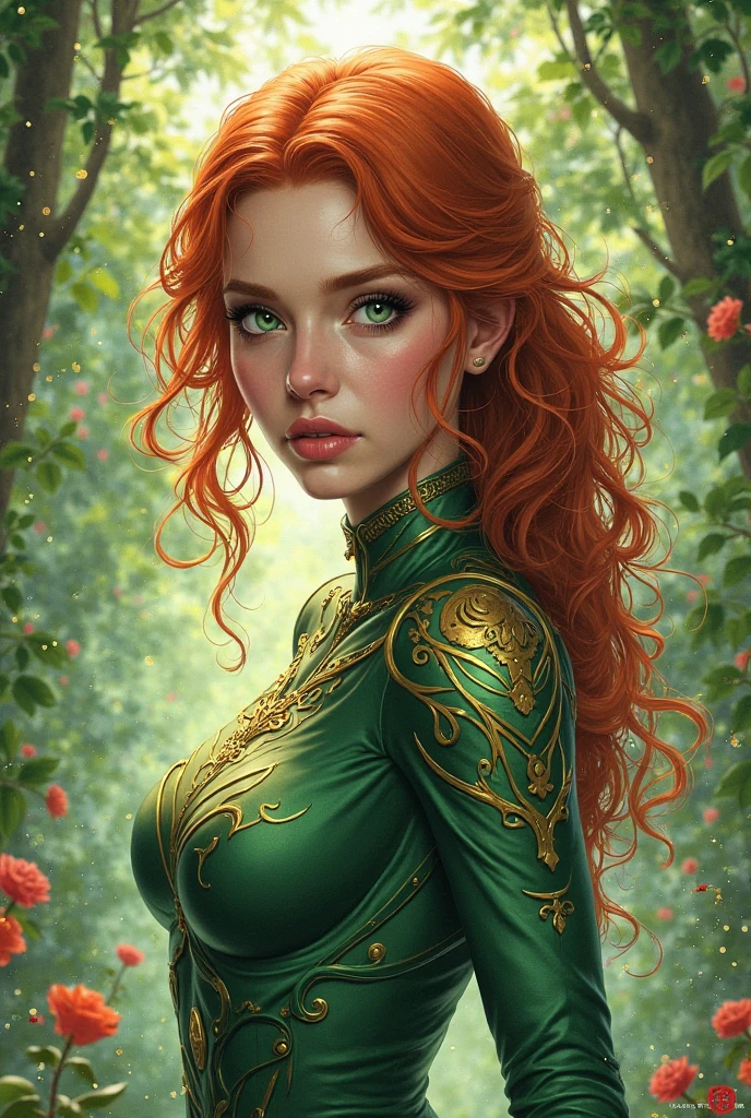 a woman with long crimson hair, intricate Green corset, beautiful detailed eyes, beautiful detailed lips, extremely detailed face, longeyelashes, elegant pose, graceful movement, breathtaking, detailed and realistic, oil painting, dramatic lighting, warm color palette, cinematic composition, masterpiece, 8k, high quality, poison ivy 