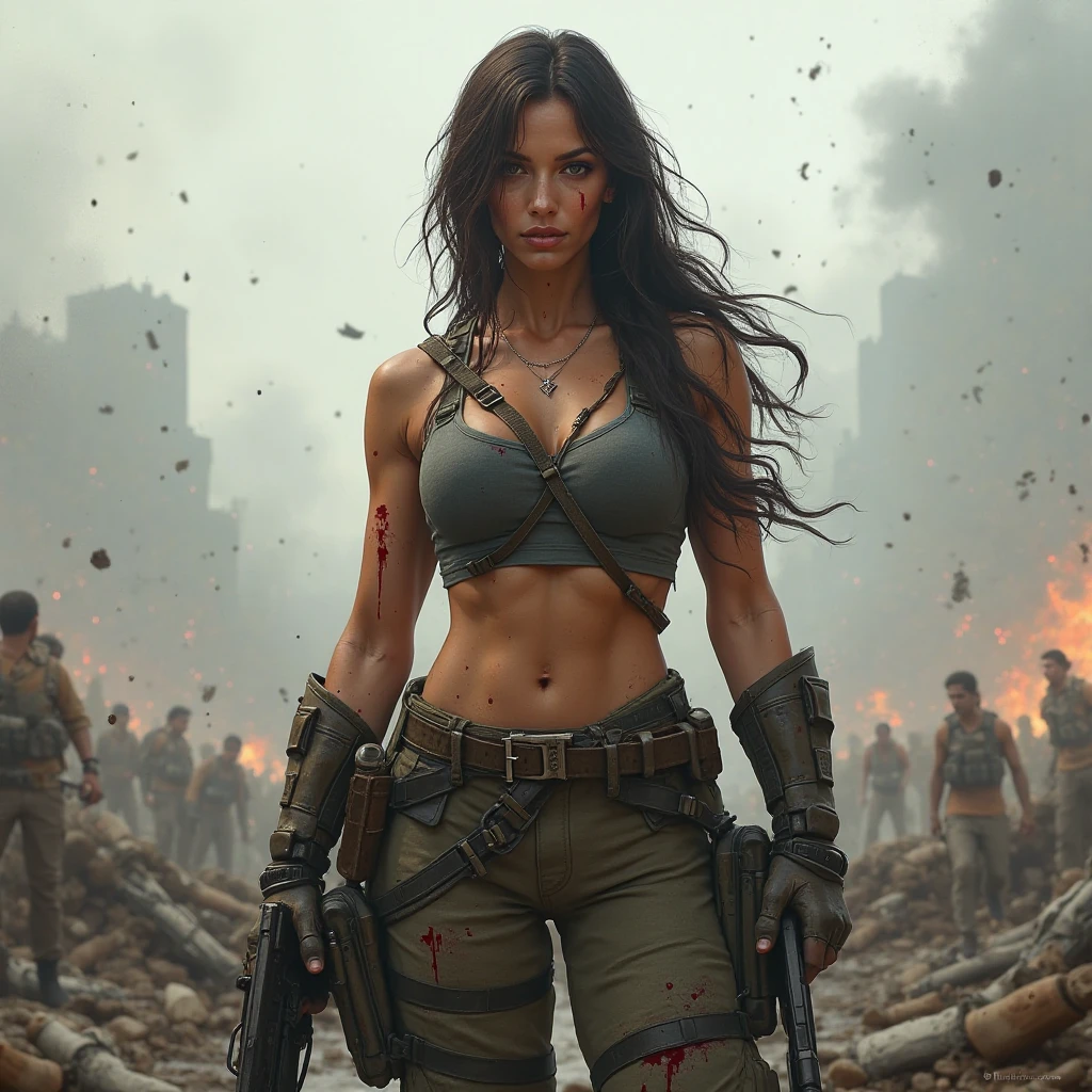 A tanned woman with exceptionally long hair stumbles with a naked upper body, with a bleeding bullet wound in her left shoulder, full of mud, blood, wounds, and with a torn skirt through the streets of a destroyed city. Explosions and fires everywhere ravage the ruined city.
