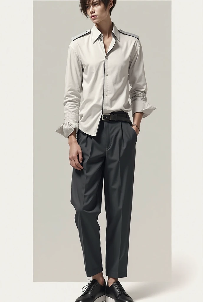 arafed man in a gray shirt and white pants leaning against a wall, with white, white monochrome color!!!!!, jung jaehyun, in white clothes, wearing pants and a t-shirt, hyung tae, siwoo kim, wearing white clothes, white pants, wonbin lee, white background!!!!!!!!!!, jinyoung shin, white background : 3