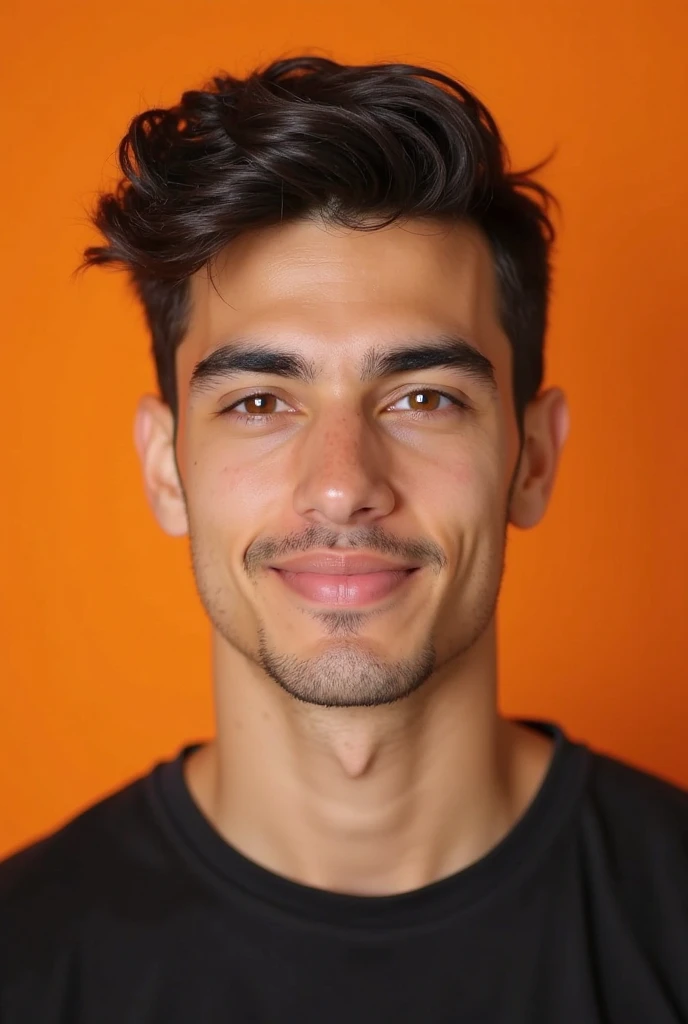  25-year-old male, Fair skin, brown eyes, Very short black hair brushed to the side, Brazilian origin, from the shoulders up, with a slight smile, Wearing a black shirt, with the background of the image in the color orange.