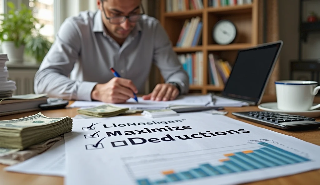 A realistic and detailed image featuring a desk filled with financial elements. Stacks of cash, tax forms, and a checklist with the words "Maximize Deductions" highlighted in bold are prominently displayed. A self-employed individual, wearing business-casual attire, sits at the desk, reviewing documents with a pen in hand. A calculator, laptop, and coffee cup add to the productive atmosphere. The background features a home office setting with shelves filled with finance books and a clock, emphasizing organization and tax planning.