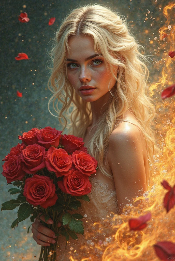 best quality, Elegant,Elegance masterpiece, Dcor, Luxurious, Mandelbulb gold, extremely delicate and beautiful, extremely detailed ,CG ,unity ,8k wallpaper, Amazing, finely detail, masterpiece, best quality, official art, extremely detailed CG unity 8k wallpaper, ultra-detailed, high res, extremely detailed, ((1girl holding a beautiful detailed (red rose))), extremely detailed petals, droplets on petals, refraction, glaring, depth of field, ((large fire across the background)), red dress on fire, garland of roses, hair piece with roses, perfect face, hair blonde ,perfect anatomy, beautiful features, beautiful eyes, well proportioned, Hyper Detailed, Surface Detail, Perfection, <lora:Mlauv Mary:1>