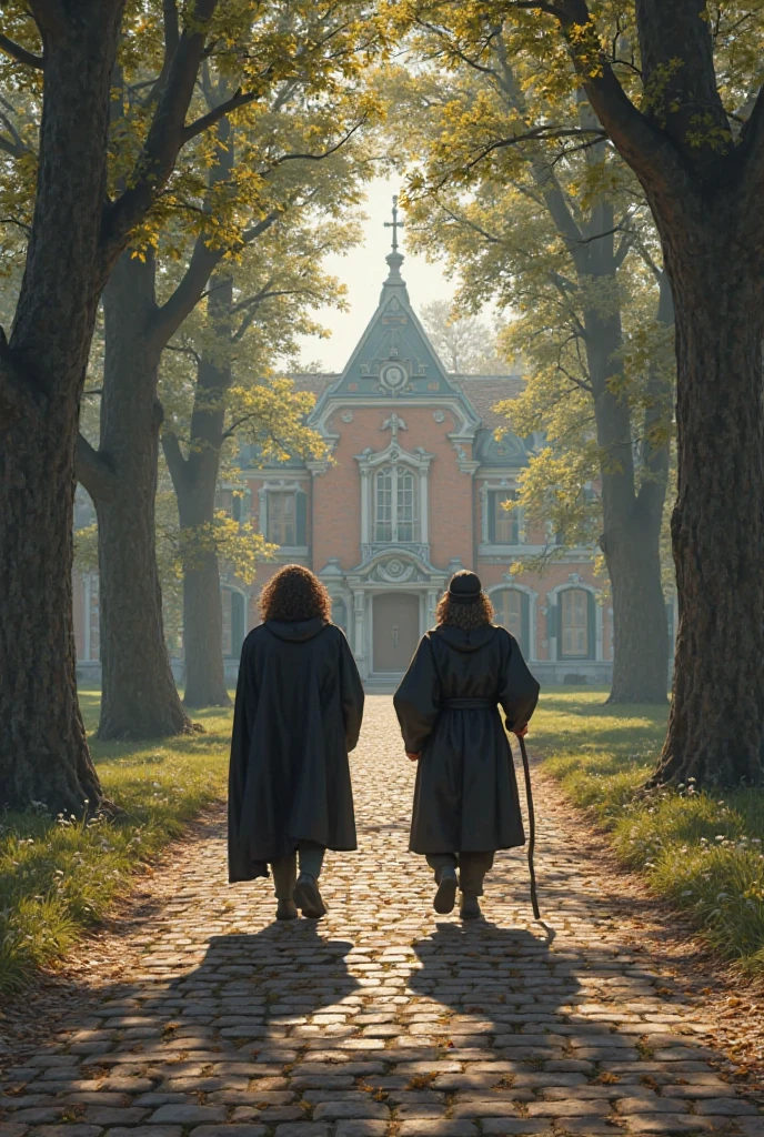 Create an image in which there are the Philosophers Descartes and Spinoza, who are walking down an avenue that leads to a Dutch mansion from 1600