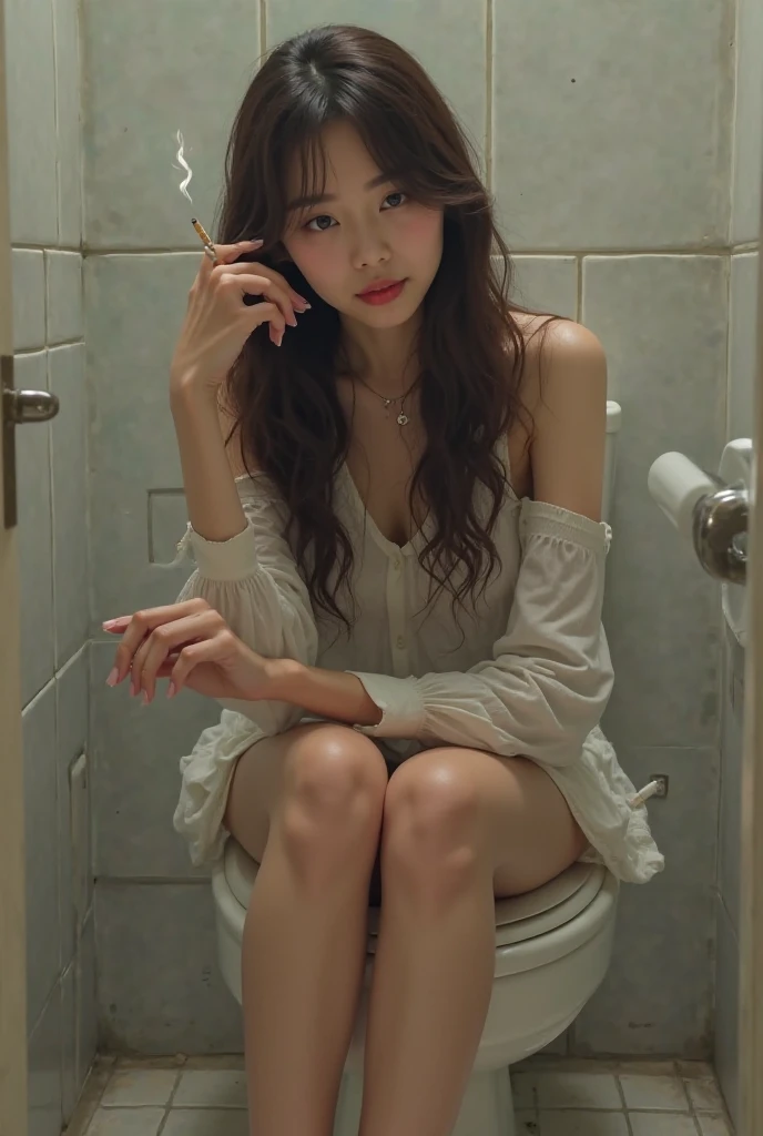 Sitting in the middle of an abandoned men's toilet,There is a men's standing urinal,Cigarette butts and littered toilet paper,Devastated,Broken doors and windows,Clutter piles up haphazardly,The ground is a mess,pee stain, Sweat, sewage, Splashes,The ground is dilapidated,Flesh-colored transparent bikini,Cloudy white liquid covering,facing at camera,Exquisite and perfect facial features,the most beautiful big eyes,Long eyelashes,The eyes are sweet and there are lying silkworms,Willow leaf arched his eyebrows,White and tender skin,Slender legs,Delicate and perfect human body structure,Barefoot,Spread your legs,Extreme picture quality,Highest accuracy,Extreme exhibitionism,South Korean beauties
