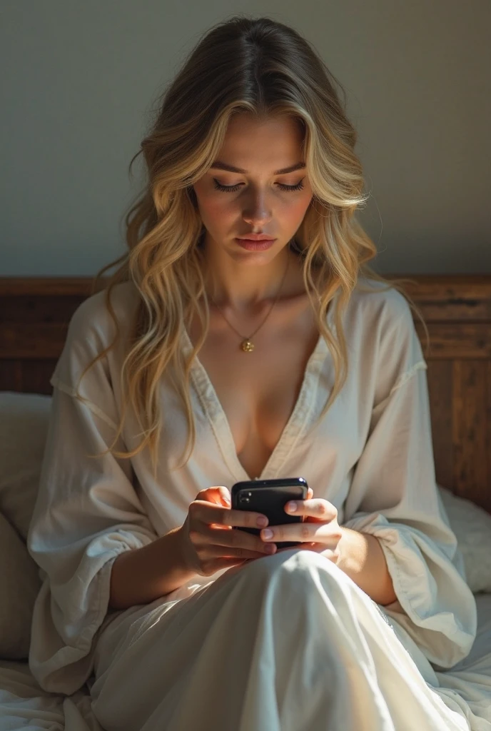 blonde white woman closing a door looking at phone