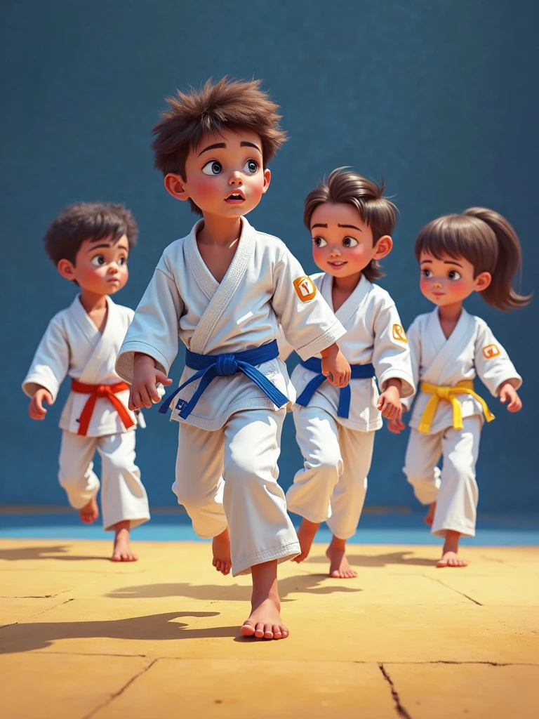 karate children  brown yellow and green belt running




