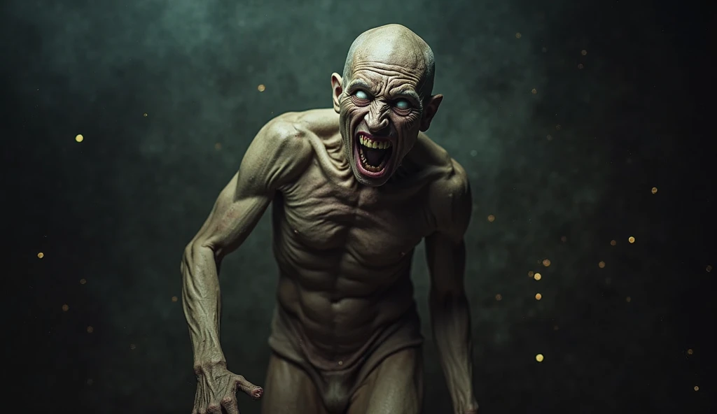 A terrifying figure of a man possessed by a demon, convulsing while standing. His body is completely folded, with his limbs twisted at impossible angles, as if he were fighting against a supernatural force. The face is distorted in a grimace of suffering, with completely white eyes, without pupils, with an exaggerated open mouth. His skin has a pale and sick tone, with subtle details of dark shadows around your figure. The environment is dark , with dim lights that They highlight the contorted posture and the anguish of the possessed. An aura of terror is emitted from his body, creating a tense and supernatural atmosphere.