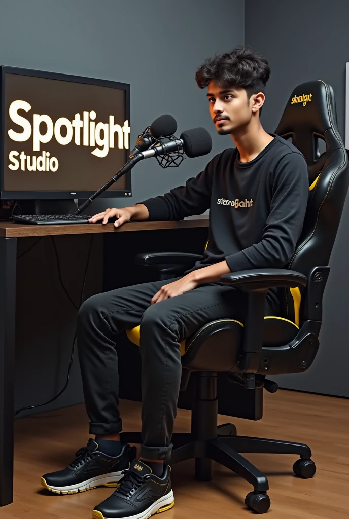 "a twenty years old beautiful pakistani boy, sits on a black gaming chair with yellow accent wearing modern black outfit with color matching shoes .behind him is a desk with computer monitor displaying the "spotlight studio" in large bold letters. the room has a modern design with grey wall and floor.theres a mic stand with mic setup adjusted near the face of boy".