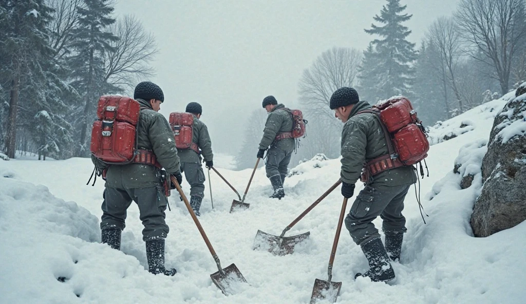 Several men in green jackets are working in a large trunk, silvicultura, Ilya Ozornin, Sergey Zabelin, a foto mostra um grande, cortar, inspirado em Vladimir Borovikovsky, Sergey Krasovskiy, toras de madeira, pano de fundo, Robot seizes the crown of the forest, foto do cartaz, injection, oils, typical russian atmosphere, Danila Tkachenko
