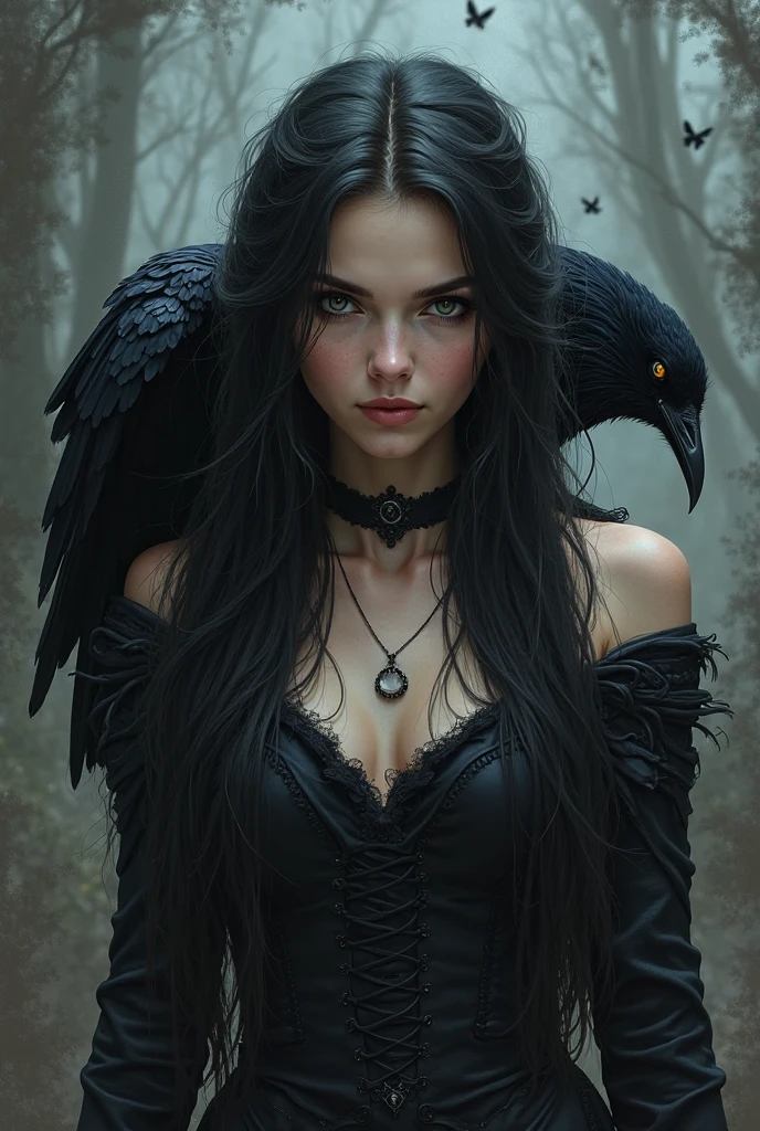 ((obra de arte)), ((melhor qualidade)), there is a demonic woman, Linda, (rosto_Lindo), pele perfeita, ((Globos_Olho_Brancos): 1.2), your eyes do NOt have irises and pupils, olhoss Brancos, small horns betray their diabolical origin, ((chifres_pequeNOs): 1.0), vestido preto, ((cabelos pretos, Cabelos lisos,): 1.0), with a black bird on his shoulder, corvo negro, (corvo negro: 1.0), ((perched bird_NO_ombro)), the bird is a black crow, arte de estilo fantasia sombria, gothic fantasy art, arte de fantasia sombria, Fantasia sombria misturada com realismo, no estilo da arte de fantasia sombria, Artgerm e Rossdraws, Artgerm e Tom Bagshaw, vampira com asas de corvo, wlop e artgerm, artgerm extremamente detalhado